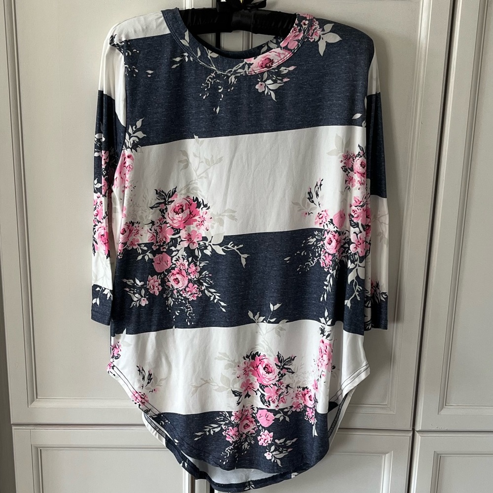 Dark blue with pink & cream wide striped and floral 3/4 sleeved stylish shirt